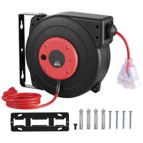 Retractable Extension Cord Reel, 45 FT, Heavy Duty 12AWG/3C SJTOW Retractable Power Cord with Lighted Triple Tap Outlet