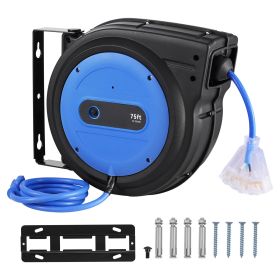 Retractable Extension Cord Reel, 75 FT, Heavy Duty 14AWG/3C SJTOW Retractable Power Cord with Lighted Triple Tap Outlet