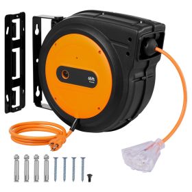 Retractable Extension Cord Reel, 65 FT, Heavy Duty 12AWG/3C SJTOW Retractable Power Cord with Lighted Triple Tap Outlet