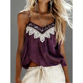 Women's Bohemian Retro Color Block Lace V-Neck Loose Camisole (Option: Purple-M)