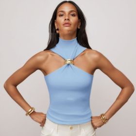Gold Ring Sleeveless Cold-shoulder Stretch Top (Option: Sky blue-S)