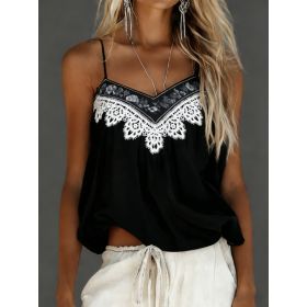Women's Bohemian Retro Color Block Lace V-Neck Loose Camisole (Option: Black-XL)