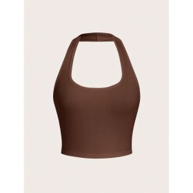 Solid Color Cropped Halter Neck Slim Fit Tank Top For Women (Option: Brown-XL)