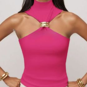 Gold Ring Sleeveless Cold-shoulder Stretch Top (Option: Rose red-M)