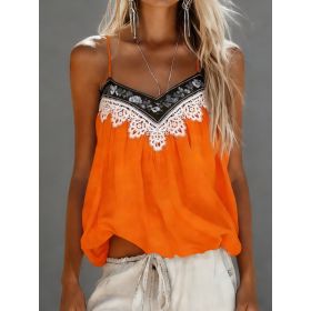 Women's Bohemian Retro Color Block Lace V-Neck Loose Camisole (Option: Orange-XL)
