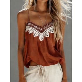 Women's Bohemian Retro Color Block Lace V-Neck Loose Camisole (Option: Caramel-XXL)