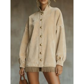 Velvet Fringed Hem Casual Stand-up Collar Button-down Loose Sweatshirt Dress (Option: Beige-2XL)