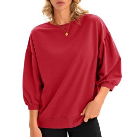 Fisoew Womens Puff Sleeve Sweatshirts Casual Crewneck Sleeve Loose Fit Fall Pullover Tops (Option: Red-S)