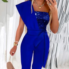 New Solid Color Sleeveless Belt Decorative Slim-fitting Patchwork Sequin Women's Trousers (Option: 2XL-Blue)