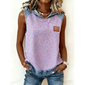 Casual Hooded Sleeveless Patchwork Denim-trimmed Loose-fitting Vest Sweatshirt For Women (Option: Purple-M)