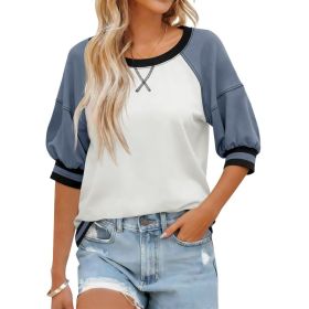 Fisoew Womens Crewneck Sweatshirt Ribbed Raglan Half Sleeve Pullover Tops Color Block Loose Fit Sweatshirts (Option: White-XL)