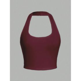 Solid Color Cropped Halter Neck Slim Fit Tank Top For Women (Option: Red-XL)