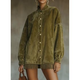 Velvet Fringed Hem Casual Stand-up Collar Button-down Loose Sweatshirt Dress (Option: Olive green-XL)