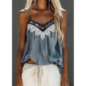 Women's Bohemian Retro Color Block Lace V-Neck Loose Camisole (Option: Gray-S)