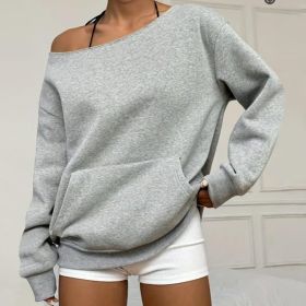 Fashionable Pullover Crew-Neck Off-Shoulder Sweatshirt For Women (Option: Light Grey-S)