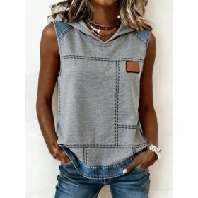 Casual Hooded Sleeveless Patchwork Denim-trimmed Loose-fitting Vest Sweatshirt For Women (Option: Gray-XL)