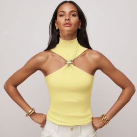 Gold Ring Sleeveless Cold-shoulder Stretch Top (Option: Yellow-L)