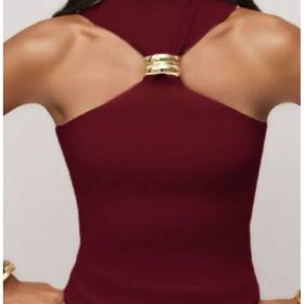 Gold Ring Sleeveless Cold-shoulder Stretch Top (Option: Red-L)