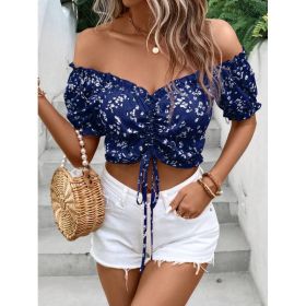 Women Vacation Style Casual Off-Shoulder Elastic Cropped Top With Floral Print (Option: Blue-XL)