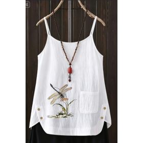 White Cotton-Linen Camisole With Dragonfly Embroidery (Option: White-S)