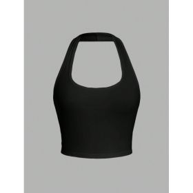 Solid Color Cropped Halter Neck Slim Fit Tank Top For Women (Option: Black-XL)