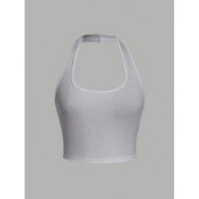 Solid Color Cropped Halter Neck Slim Fit Tank Top For Women (Option: Grey-XL)
