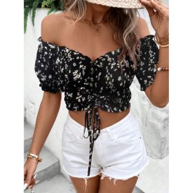 Women Vacation Style Casual Off-Shoulder Elastic Cropped Top With Floral Print (Option: Black-XL)