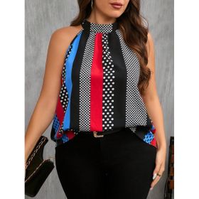 Women Contrast Polka Dot Print Casual Cold Shoulder Halter Blouse (Option: Red-3XL)