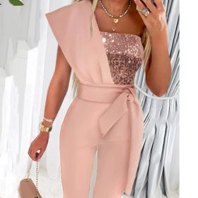 New Solid Color Sleeveless Belt Decorative Slim-fitting Patchwork Sequin Women's Trousers (Option: M-Pink)