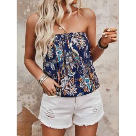 Floral Printed Summer Pleated Strapless Top (Option: Navy Blue-XL)