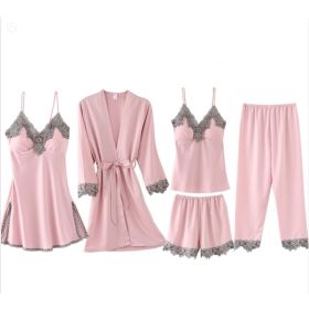 French Pajamas Spring And Summer Thin Ice Silk Nightdress Five-piece Suit (Option: Pink-XL)