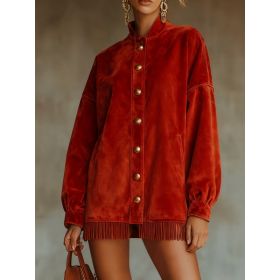 Velvet Fringed Hem Casual Stand-up Collar Button-down Loose Sweatshirt Dress (Option: Red-2XL)