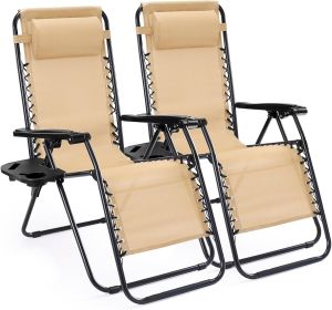 Set of 2 Zero Cravity Lounge Chairs,Outdoor Patio Folding Recliners for Pool Beach with Pillow and Cup Holder (Color: Khaki)
