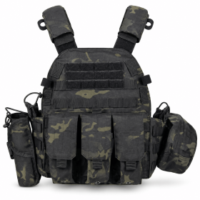 Modular Tactical Vest for Men, Adjustable Outdoor Training Chest Rig with MOLLE Webbing and Multi-Pouch Storage (Color: BLACK Camo)
