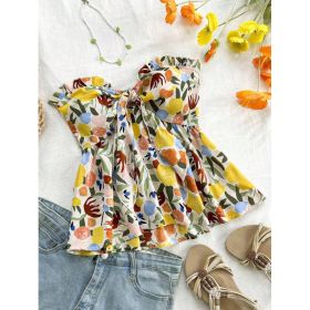 Strapless Cinched Waist Ruffle Hem Floral Printed Vacation Top (Option: Yellow-XL)
