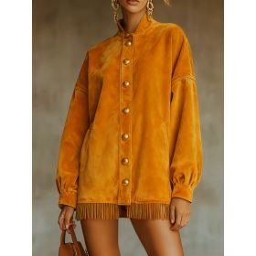 Velvet Fringed Hem Casual Stand-up Collar Button-down Loose Sweatshirt Dress (Option: Orange-XL)