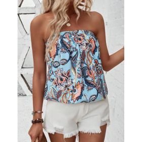 Floral Printed Summer Pleated Strapless Top (Option: Baby Blue-XL)