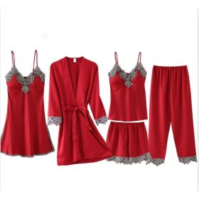 French Pajamas Spring And Summer Thin Ice Silk Nightdress Five-piece Suit (Option: Red-XL)
