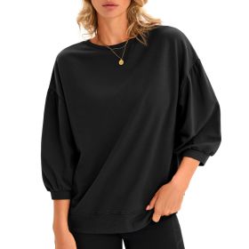 Fisoew Womens Puff Sleeve Sweatshirts Casual Crewneck Sleeve Loose Fit Fall Pullover Tops (Option: Black-M)
