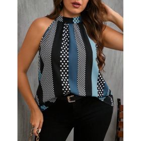 Women Contrast Polka Dot Print Casual Cold Shoulder Halter Blouse (Option: Blue-2XL)