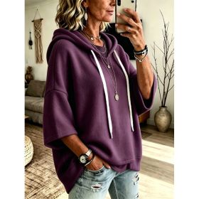 Womens Loose-fitting Hooded Top With Three-quarter Sleeves (Option: Purple-M)