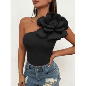 Women's Sexy Off-Shoulder Fitted-Waist Floral Sleeveless Tank Top (Option: Black-XL)