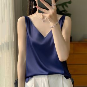 Sling Vest Inner Match Satin Silky Base Loose Sleeveless Top (Option: Navy Blue-XXXL)