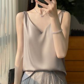 Sling Vest Inner Match Satin Silky Base Loose Sleeveless Top (Option: Silver Gray-XXXL)