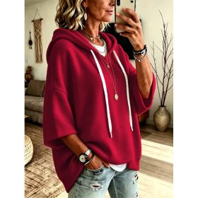 Womens Loose-fitting Hooded Top With Three-quarter Sleeves (Option: Red-3XL)