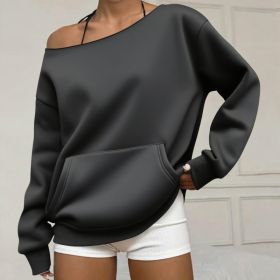 Fashionable Pullover Crew-Neck Off-Shoulder Sweatshirt For Women (Option: Black-L)