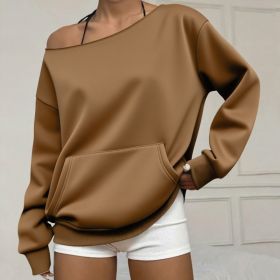 Fashionable Pullover Crew-Neck Off-Shoulder Sweatshirt For Women (Option: Coffee-L)