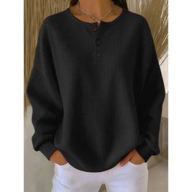 Round Neck Waffle Solid Color Pullover Loose Top (Option: Black-5XL)
