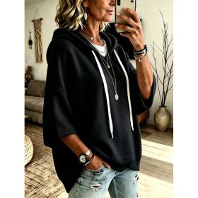 Womens Loose-fitting Hooded Top With Three-quarter Sleeves (Option: Black-3XL)