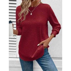 Women's Solid Color Round Neck Loose Stylish Sweatshirt (Option: Wine Red-1XL)